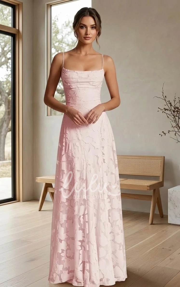 Spaghetti Strap Bridesmaid Dress Sheath Pink Jacquard Square Neck Low Back Lace Up Gown Minimal Elegant Style