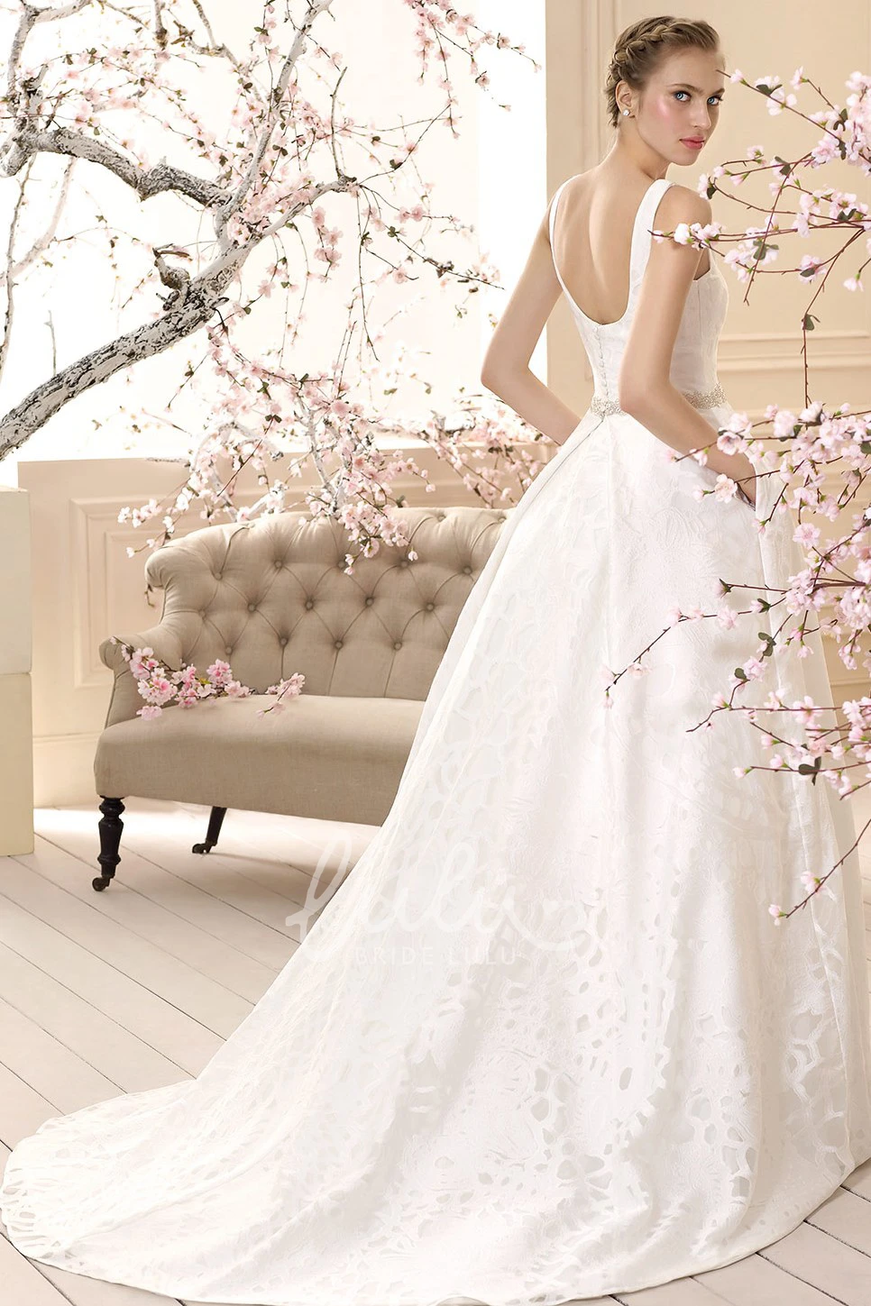 Jeweled A-Line Square-Neck Sleeveless Wedding Dress Classy Bridal Gown
