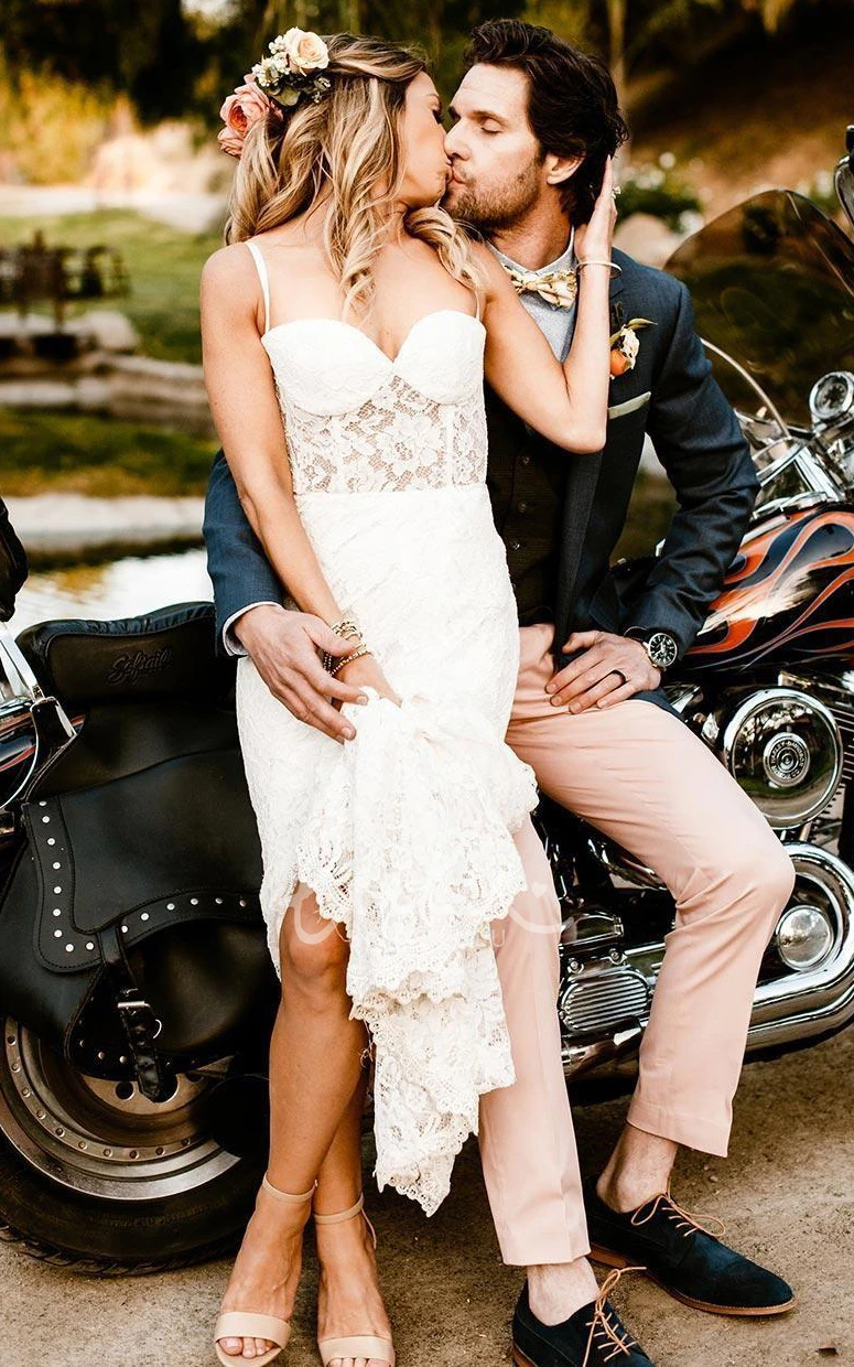 Lace Illusion Sleeveless Sheath Wedding Dress with Split Front