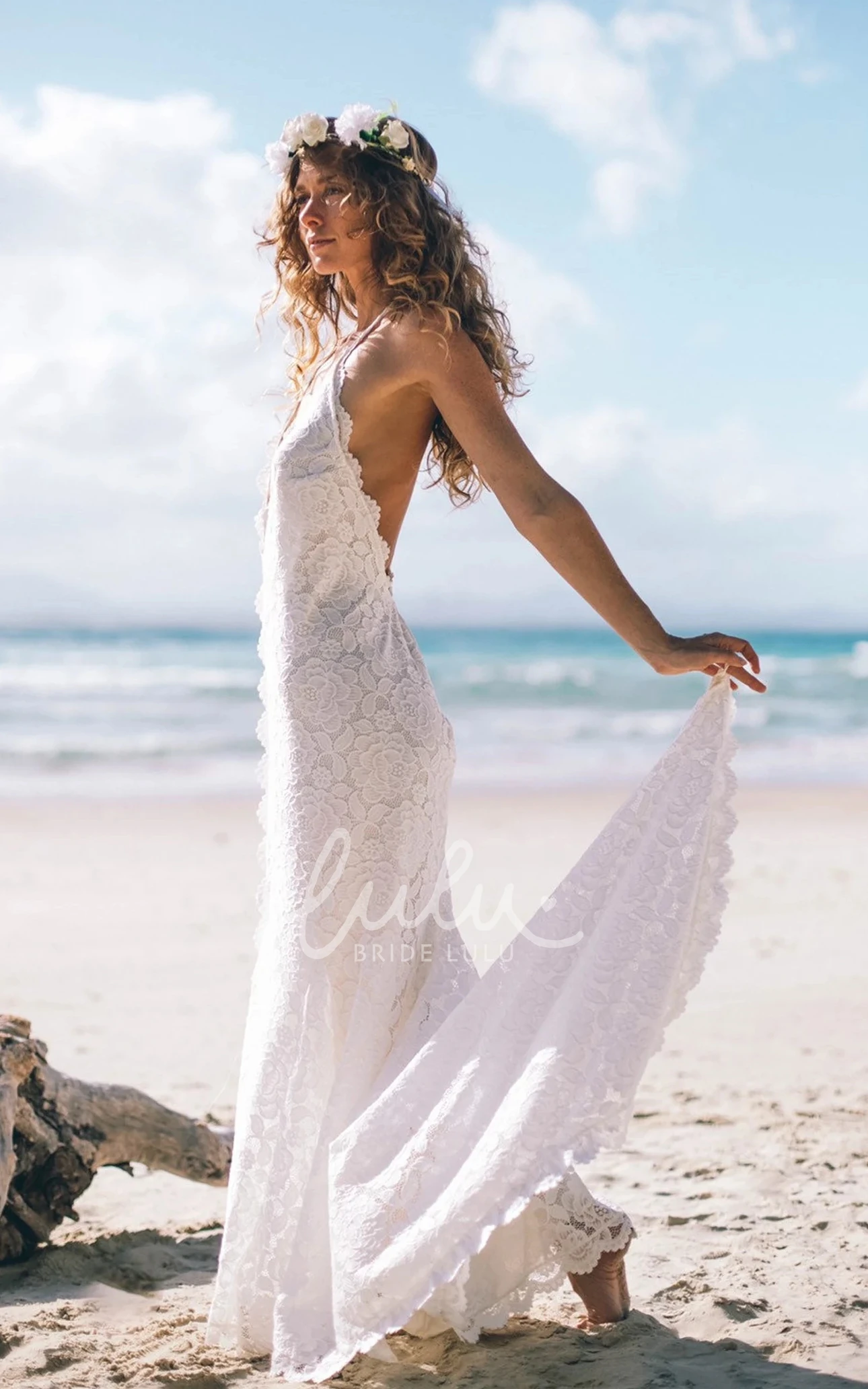 Elopement Beach Mermaid Boho Wedding Dress Fall Autumn Floral Lace Halter Plunging Low Back Court Train Bridal Gown