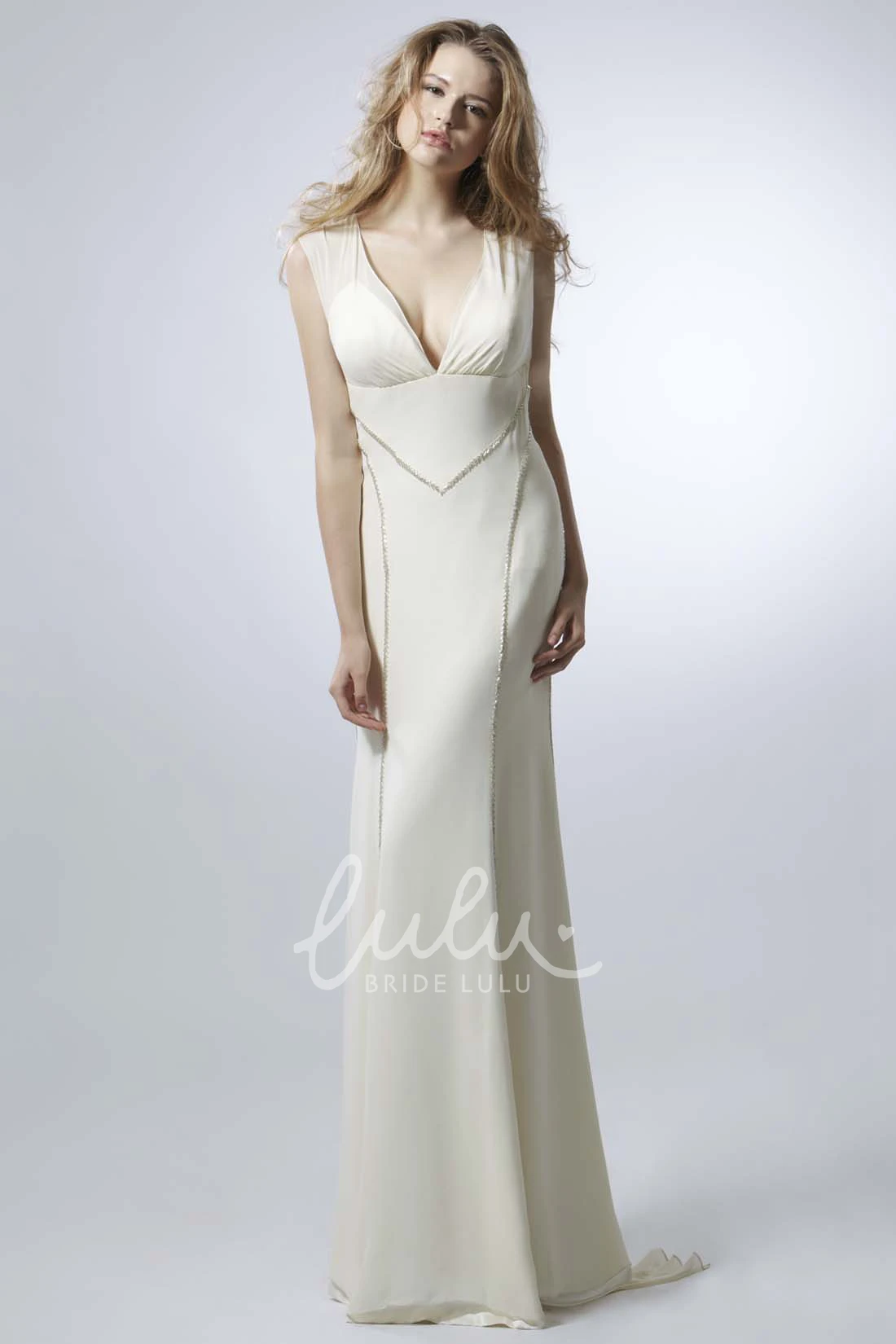 Sleeveless V-Neck Chiffon Wedding Dress with Low-V Back Flowy Sheath Style