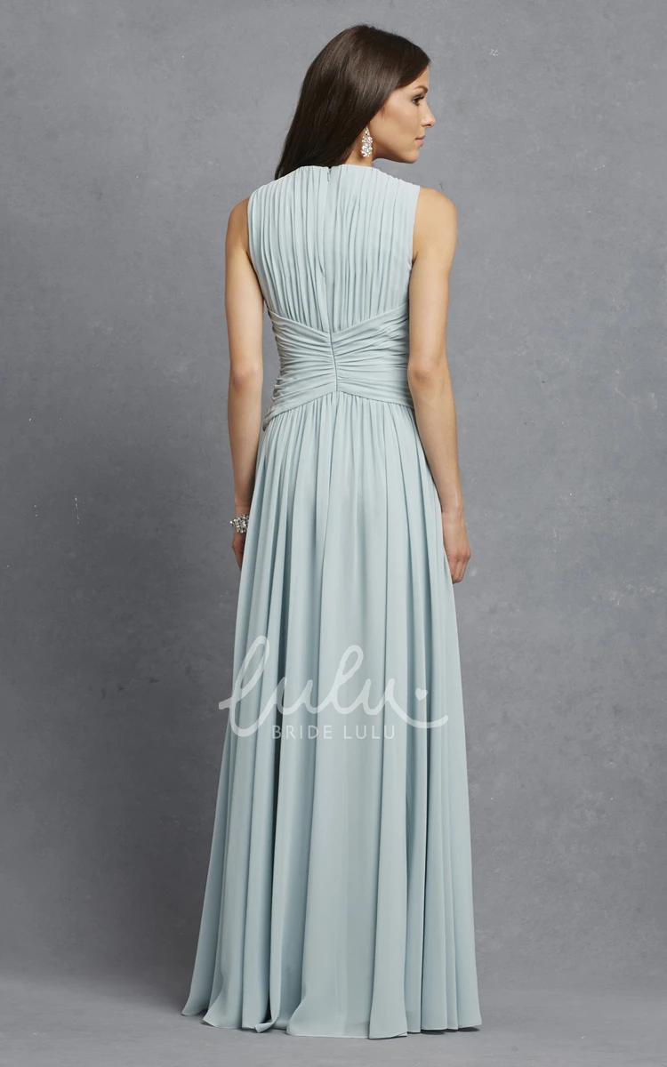 V-Neck Sleeveless Chiffon Dress with Ruching and Crisscross Detail