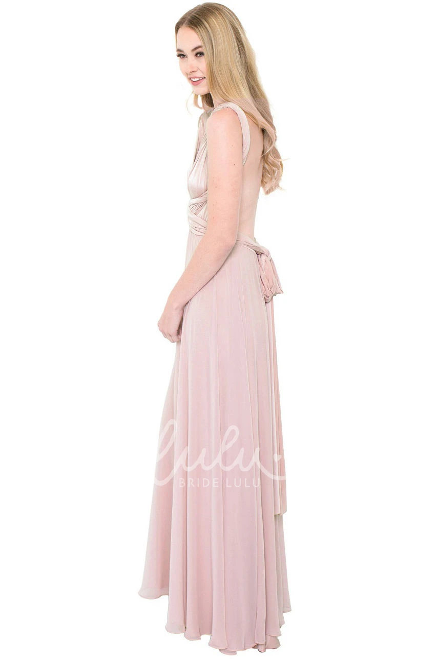 High Neck Ruched Chiffon Bridesmaid Dress Sleeveless Convertible Multi-Color Sash and Keyhole