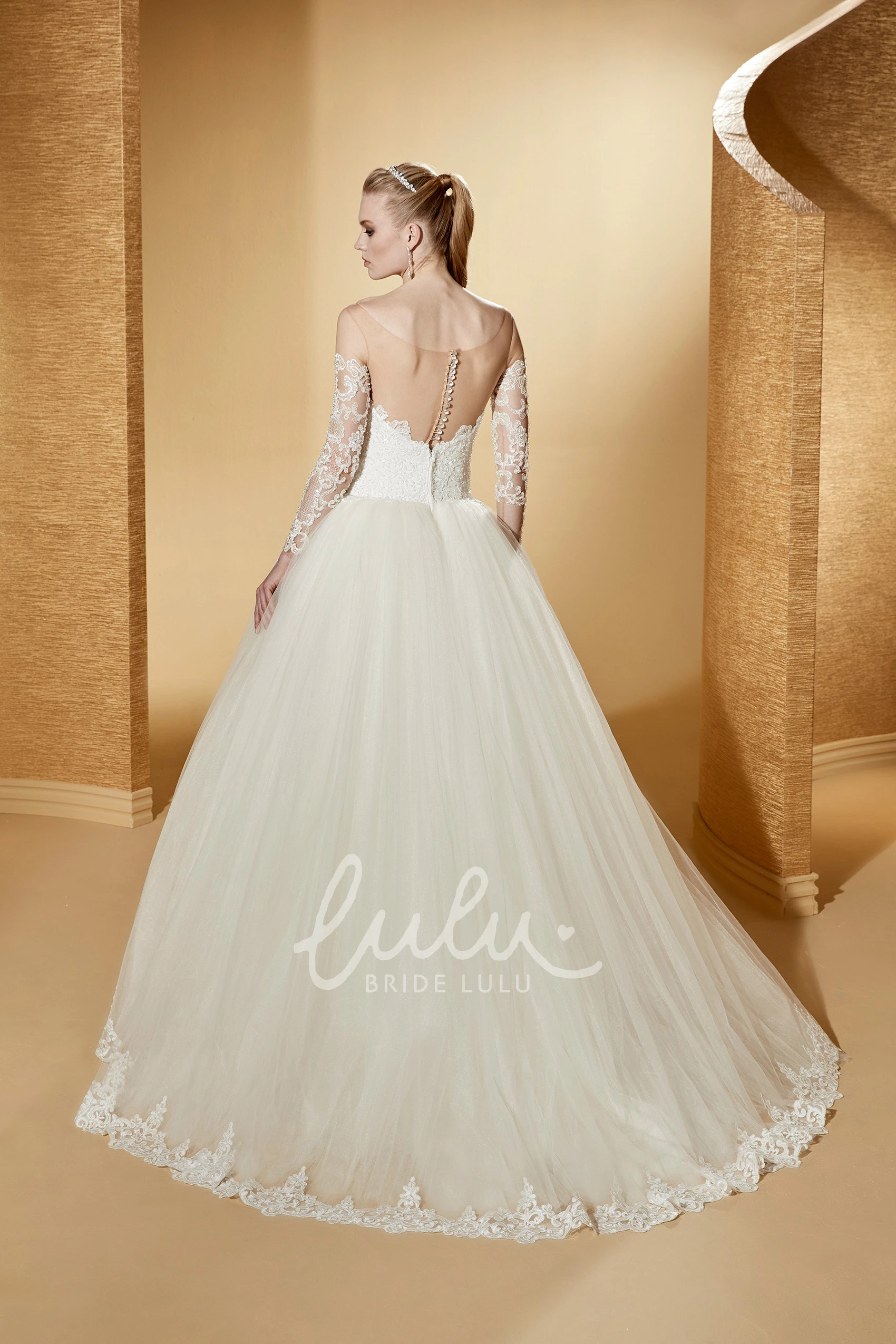Long-Sleeve Lace Applique Bodice Ball Gown with Illusive Neckline Lovely and Classy