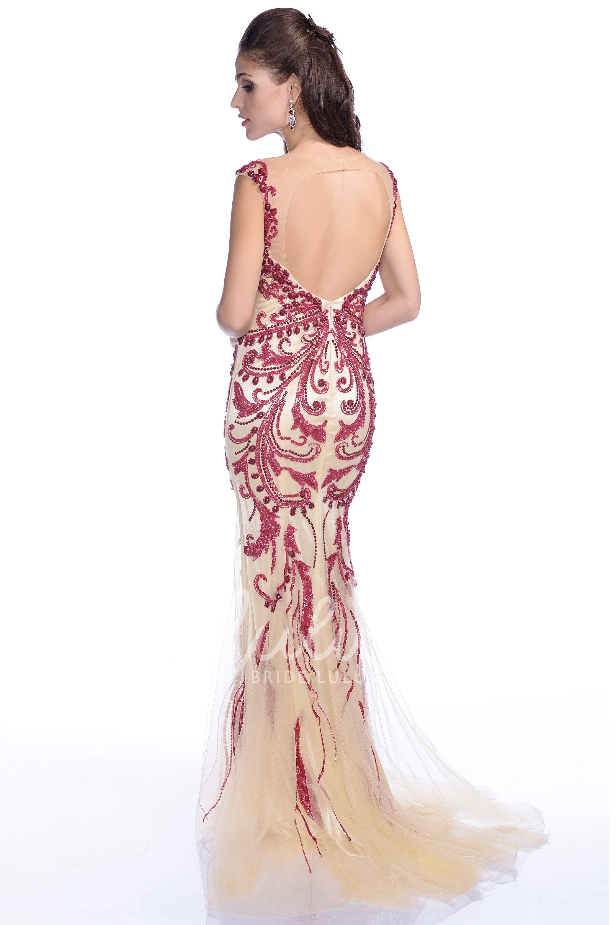 Trumpet Cap Sleeve Tulle Prom Dress Rhinestone Keyhole Back Women's Classy