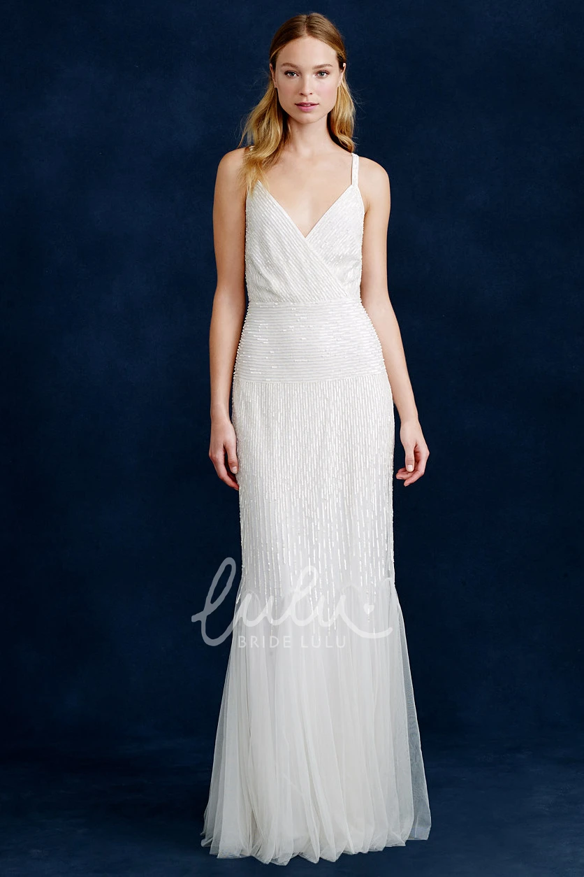 Tulle Beaded Sheath Wedding Dress with V-Neck Sleeveless Design and Tiers