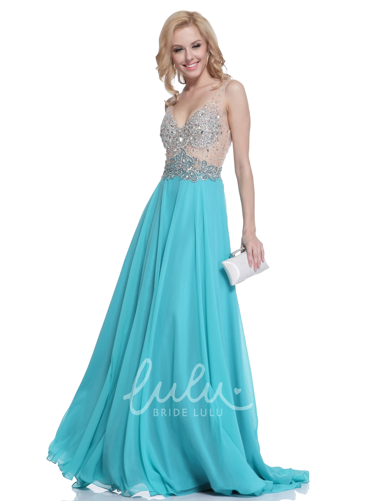 Chiffon A-Line Dress with Pleats Beading and Deep-V Back for Formal Events