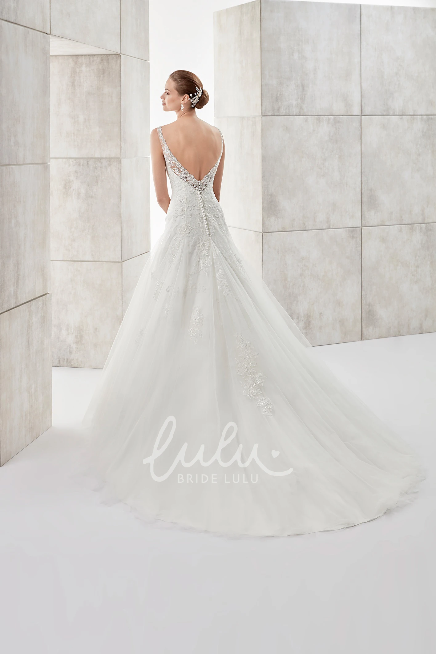 Illusive Lace V-neck A-line Wedding Dress with Low-V Back