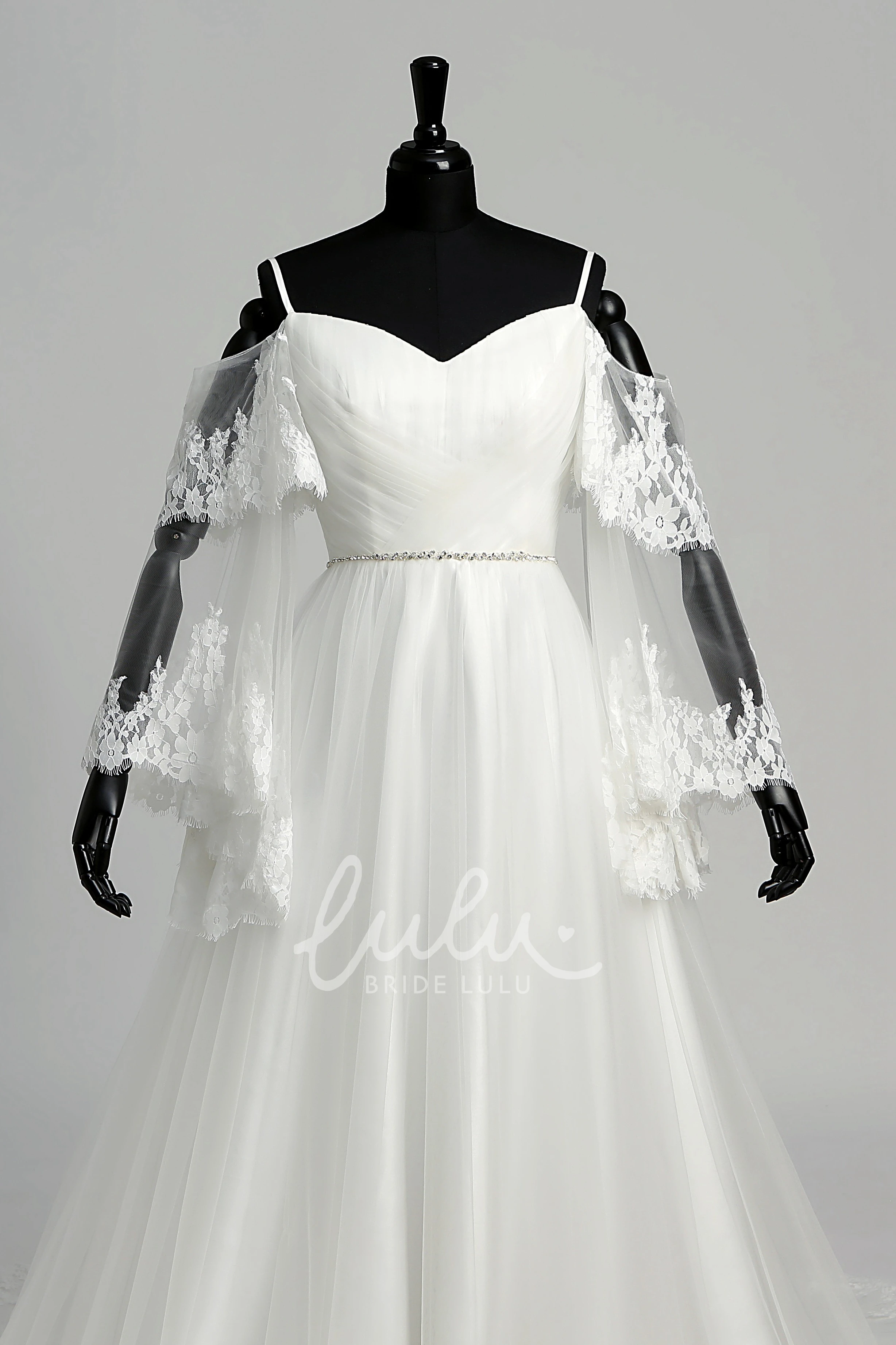 Tulle A-line Wedding Dress with Off-the-shoulder Neckline Spaghetti Straps Bell Sleeves and Illusion Details