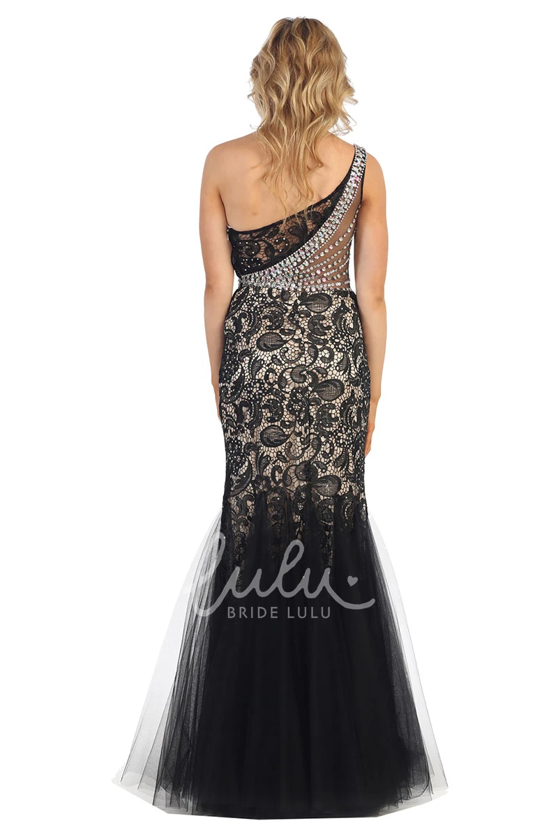One-Shoulder Sleeveless Tulle Dress with Lace and Beading Mermaid Prom Dress