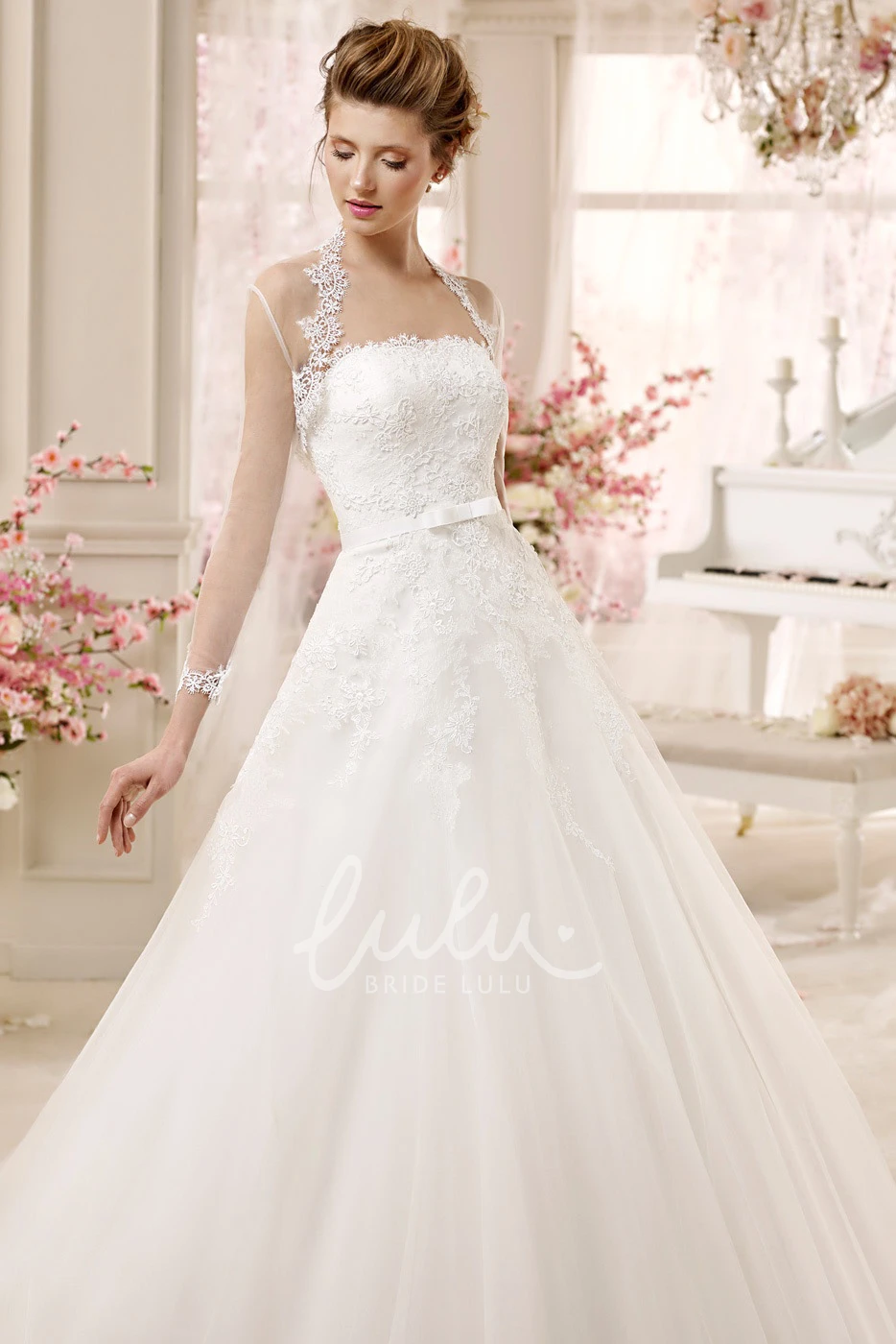Queen-Anna Neck A-line Wedding Dress with Illusive Design Royal and Unique
