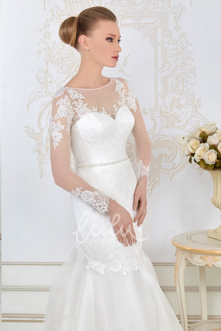 Lace Mermaid Long-Sleeve Jewel-Neck Wedding Dress with Waist Jewelry