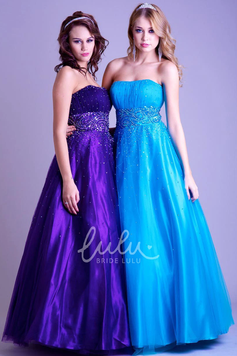 A-Line Ruched Tulle & Satin Prom Dress Long & Strapless