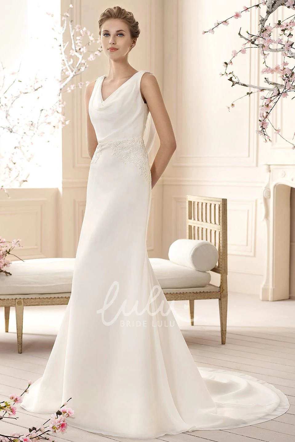 Chiffon Appliqued Cowl-Neck Wedding Dress Simple Sheath Style