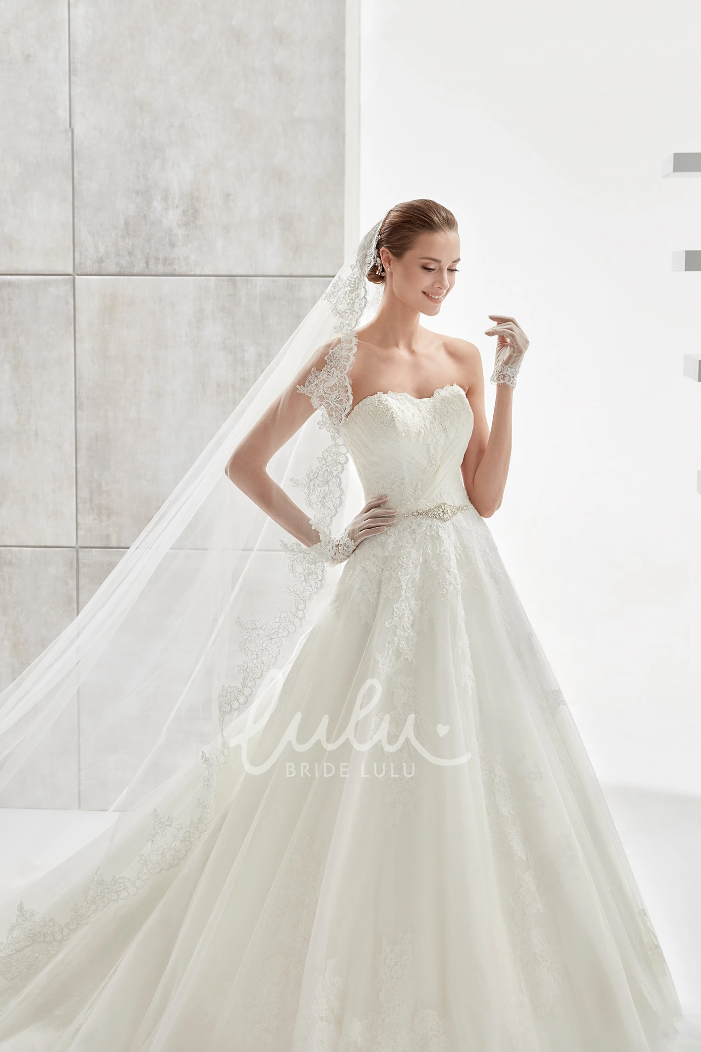 A-line Spring Wedding Dress with Beaded Belt and Lace-up Back