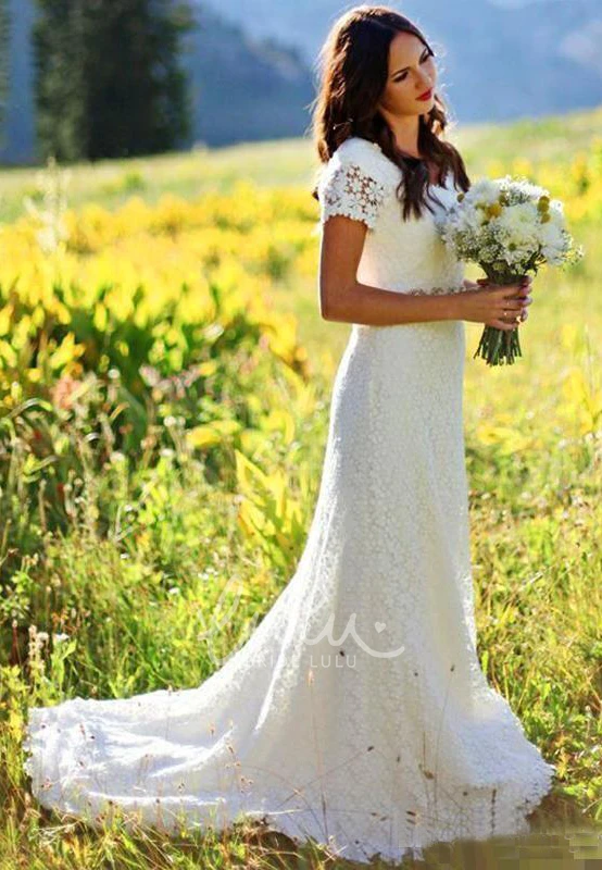Jewel Sheath Lace Wedding Dress with Zipper Modern Bridal Gown