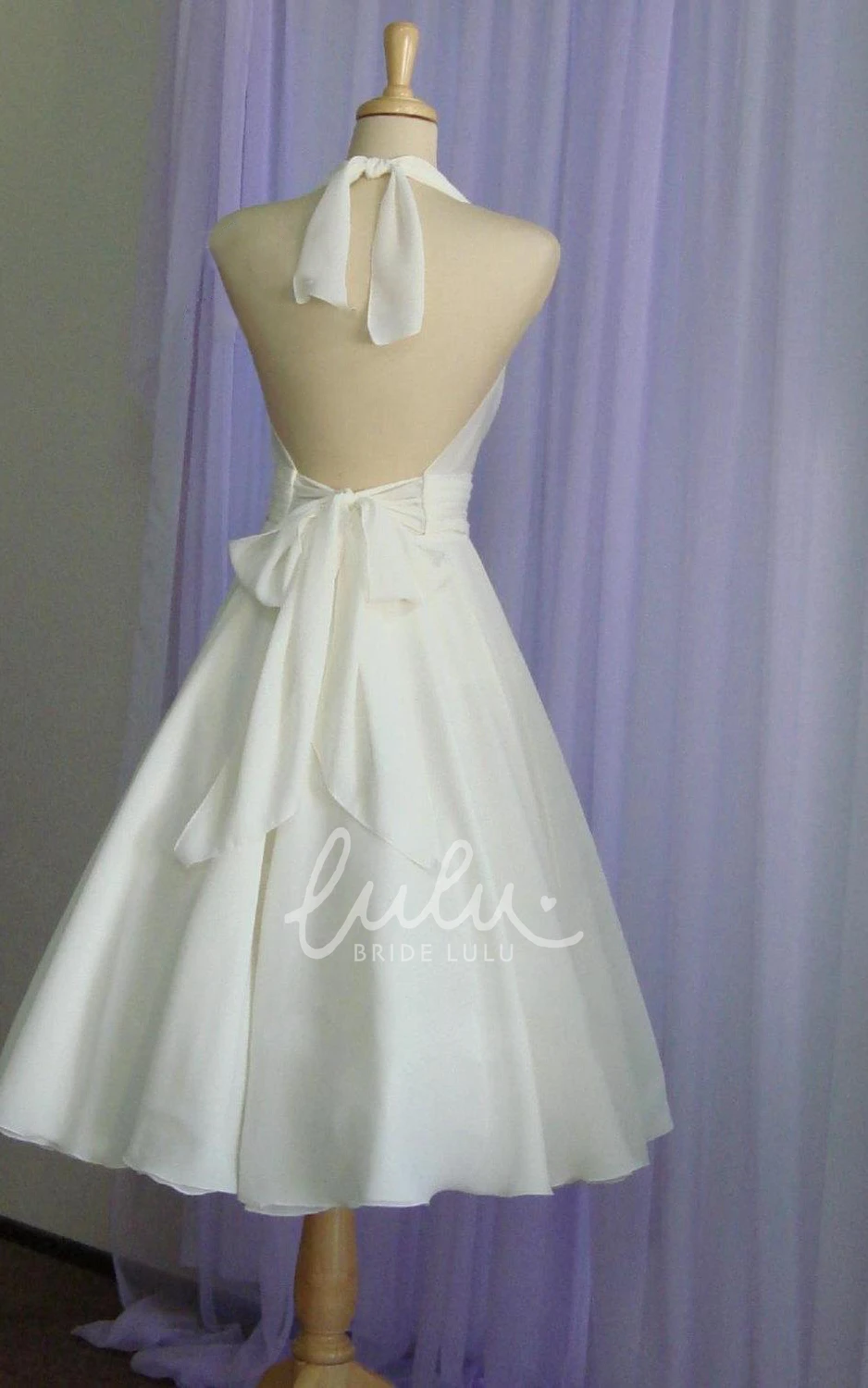 Vintage Halter Neck Chiffon Wedding Dress with Bow Tea-Length Elegant 2025