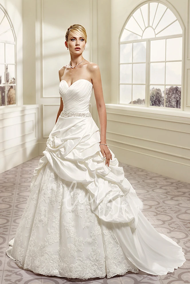 Jeweled Lace&Taffeta Sheath Wedding Dress with Sweetheart Neckline and Pick-Up Skirt