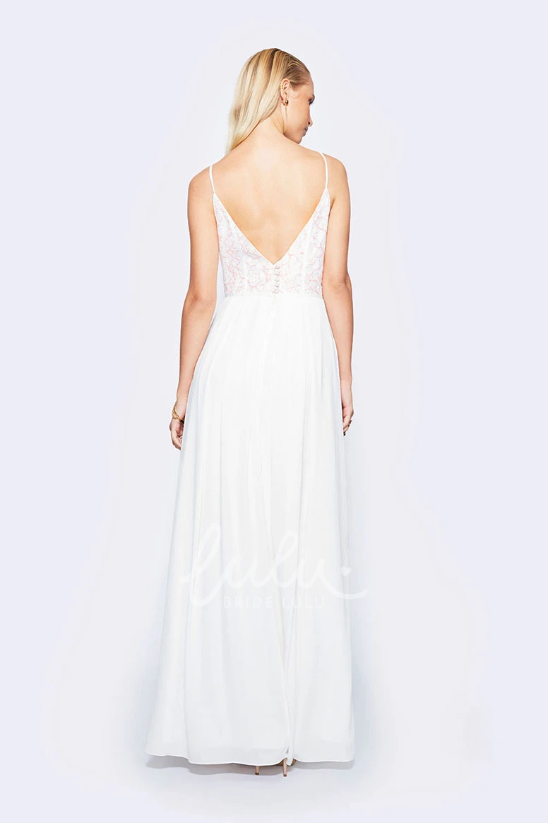 V-Back Spaghetti Lace Chiffon Wedding Dress in Ankle-Length