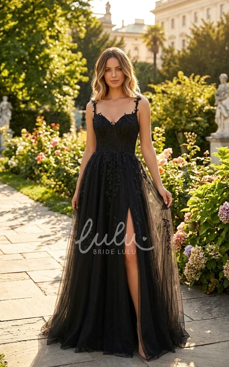 Floral Gothic Black Boho Lace A-Line Spring Wedding Dress Beach Sexy Floor Length Appliqued Evening Gown