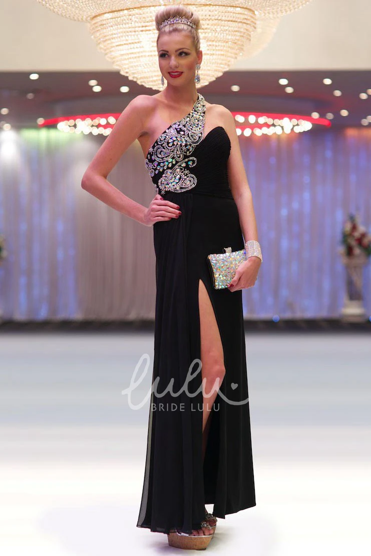 One-Shoulder Beaded Chiffon Prom Dress Sheath Maxi with Ruching and Split Front
