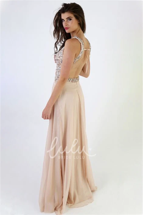 Backless Maxi Sleeveless Chiffon Prom Dress with Beaded Scoop Neck Flowy Prom Dress