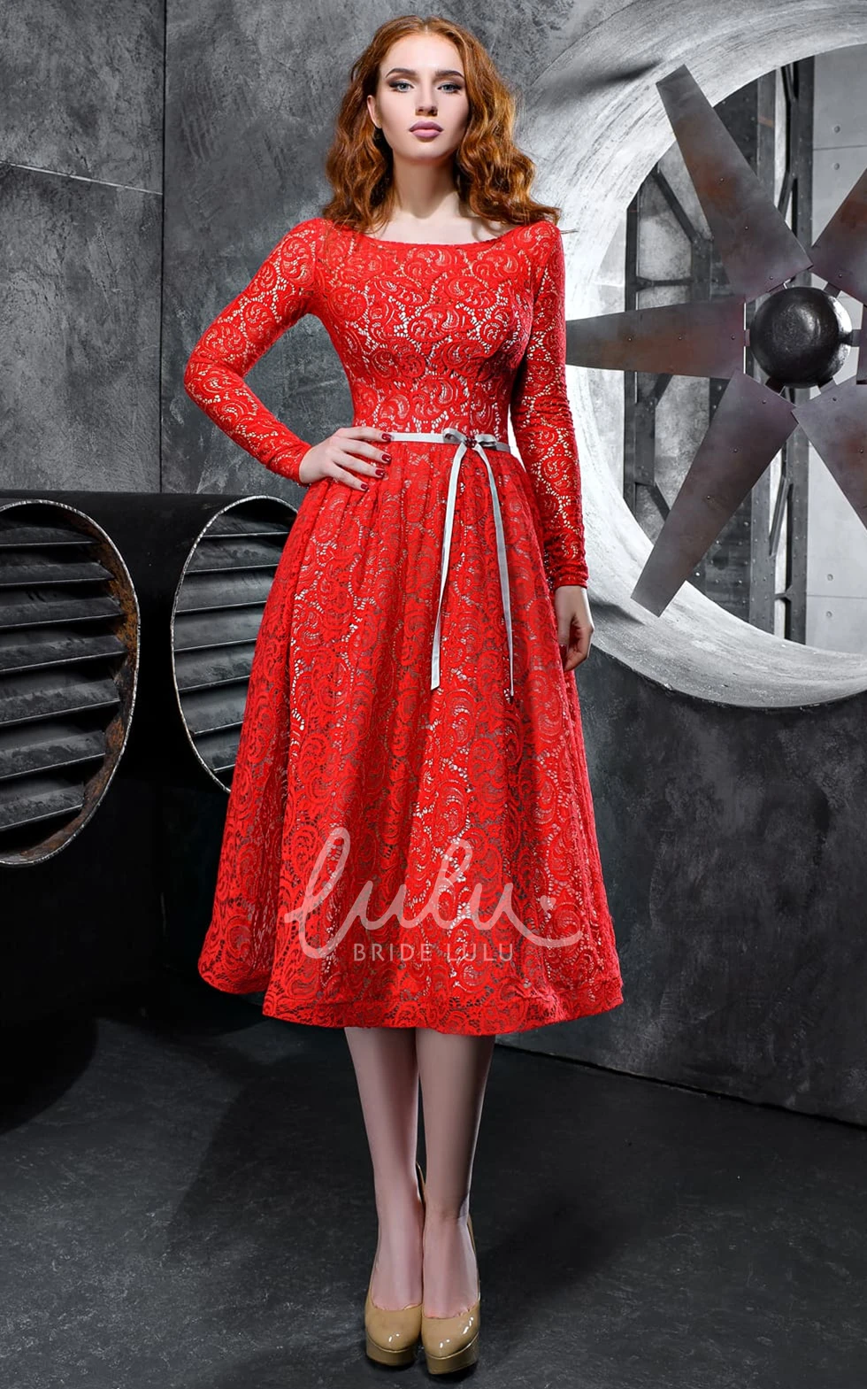 Simple Tea-length Evening Dress with Sash A Line Lace Bateau Dress