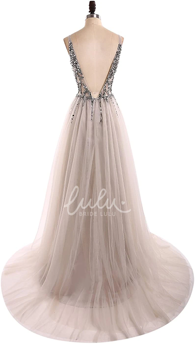 Sleeveless V-neck Tulle A-line Prom Dress with Beading Glamorous