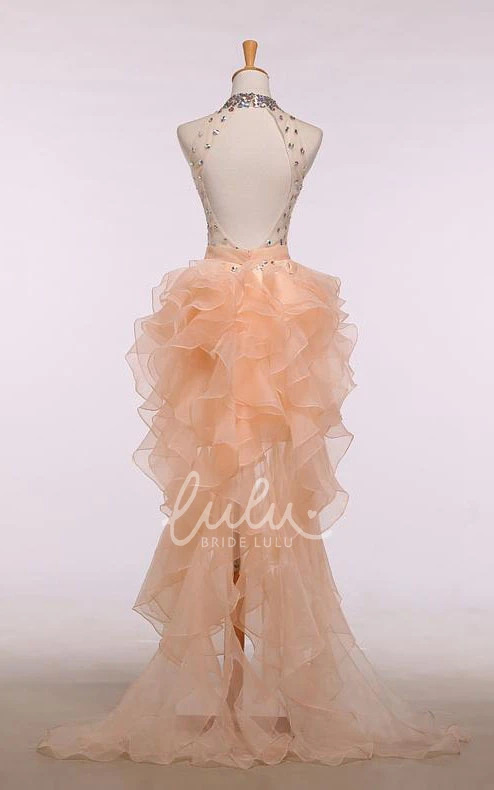Beaded High-Low A-line Formal Dress with Ruffles and High Neck