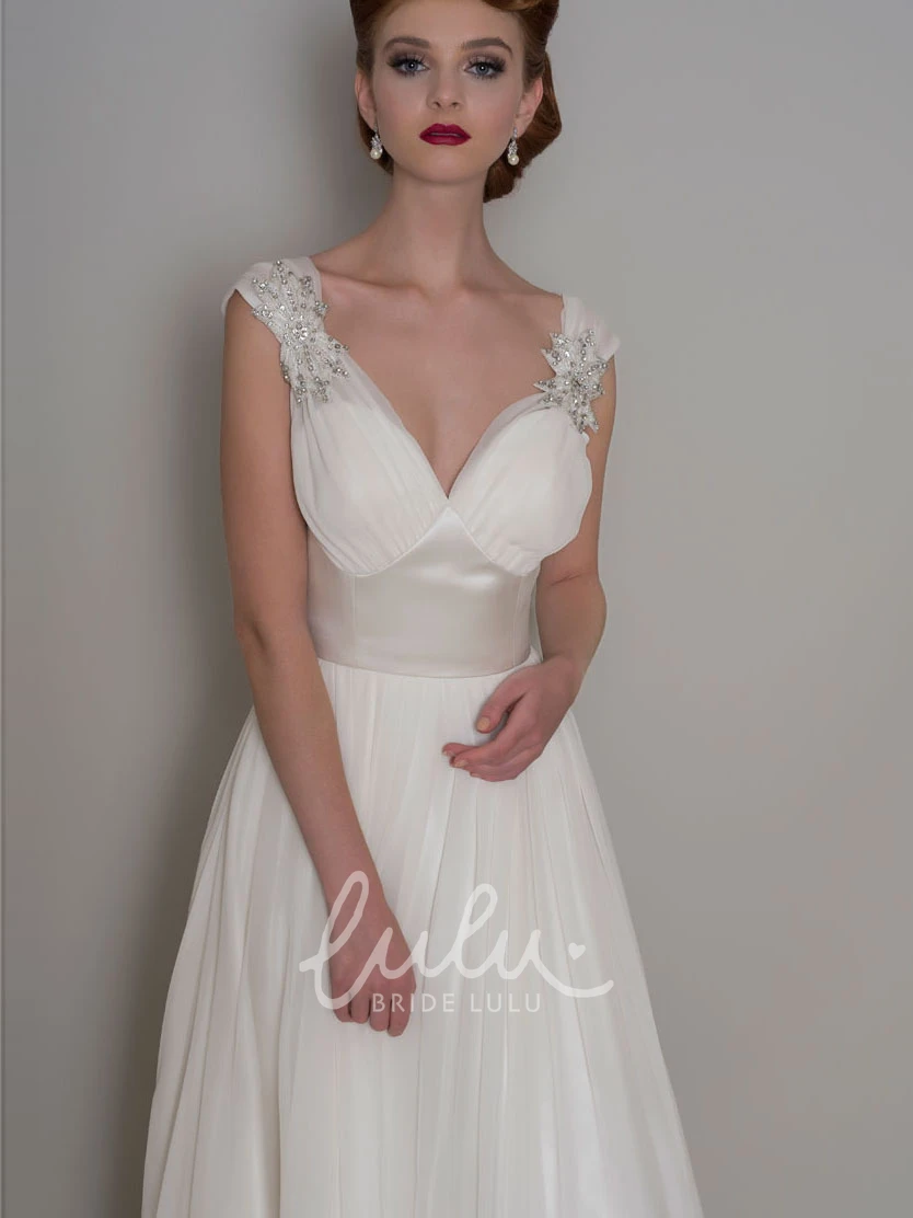 Beaded V-Neck Organza Wedding Dress Cap-Sleeve Floor-Length Pleated