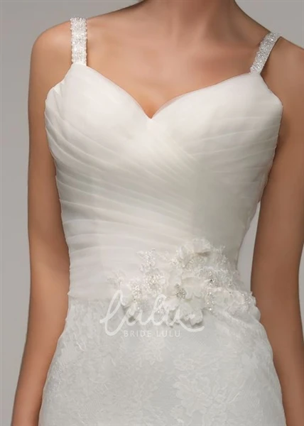 Spaghetti Strap Lace Wedding Dress with Flower and Appliques Boho Wedding Dress