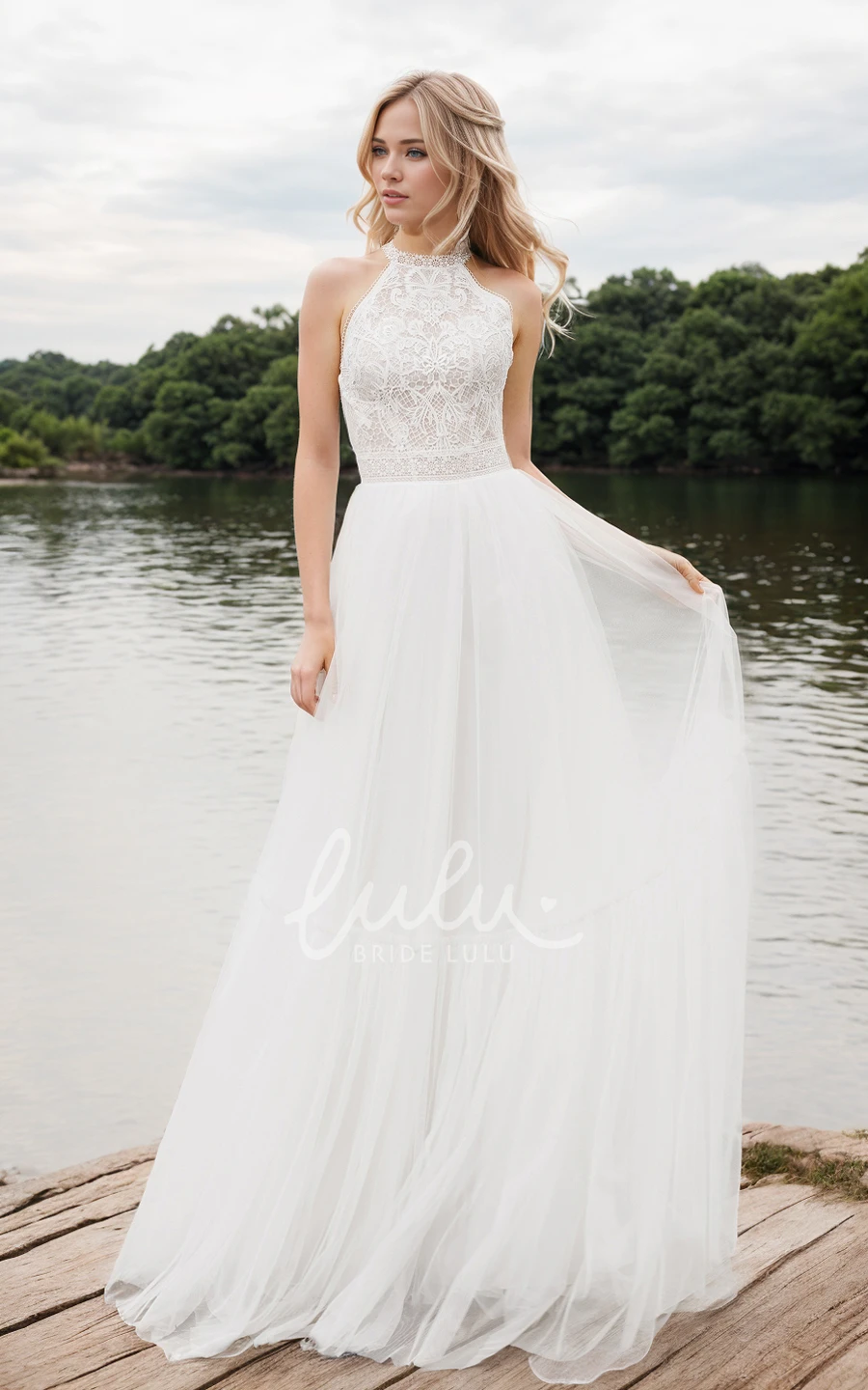 Boho A-Line Halter Tied Back Wedding Dress Sleeveless Lace Floor-length Bridal gown