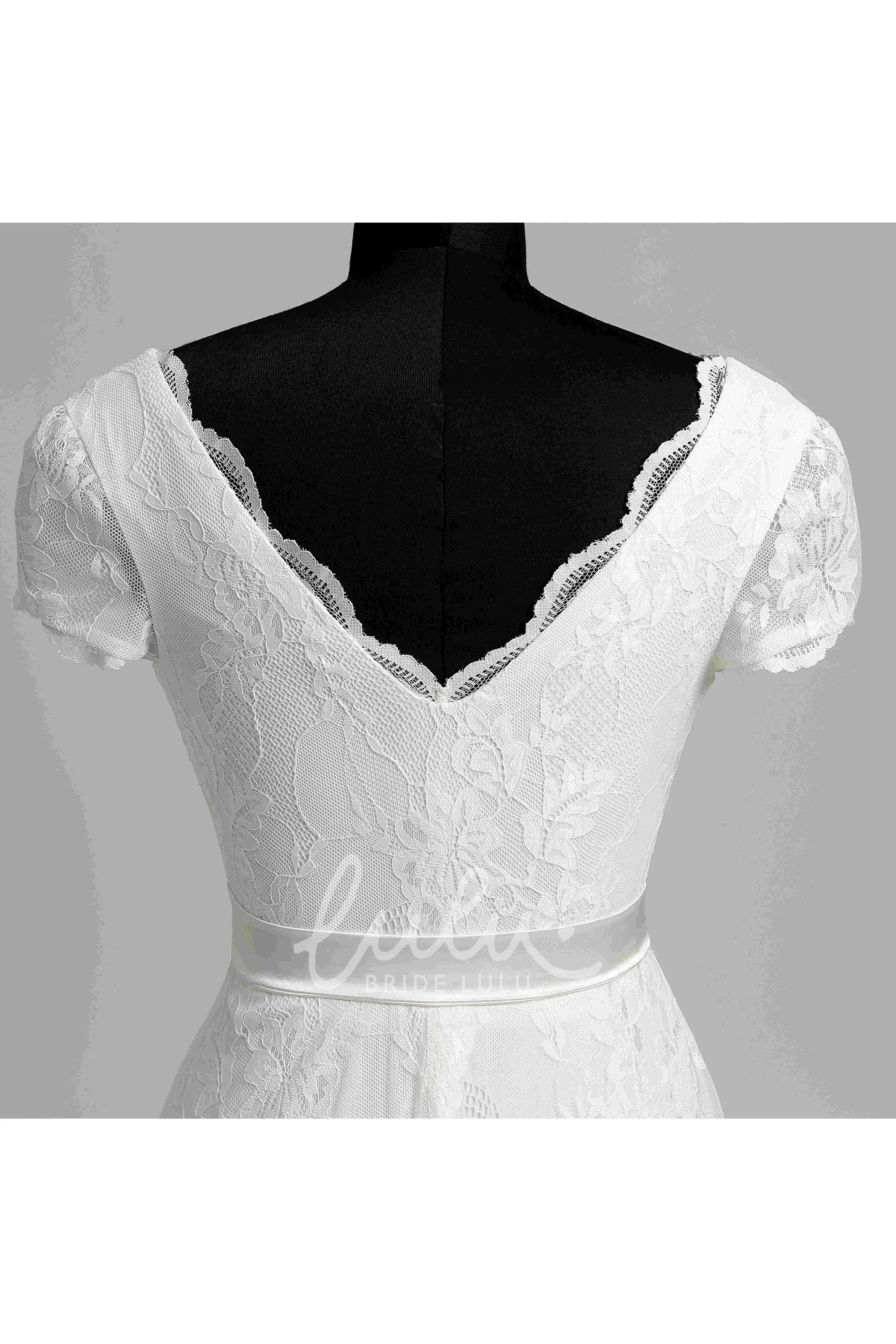 Lace A-Line Garden Wedding Dress with Floor-Length Bow and Sash Ribbon