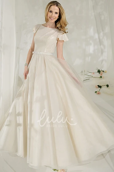 Jewel-Neck Tulle&Satin A-Line Wedding Dress with Poet Sleeves