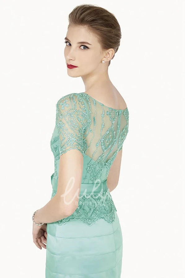 Illusion Neck Short Sleeve Sheath Knee Length Prom Dress Layered Skirt