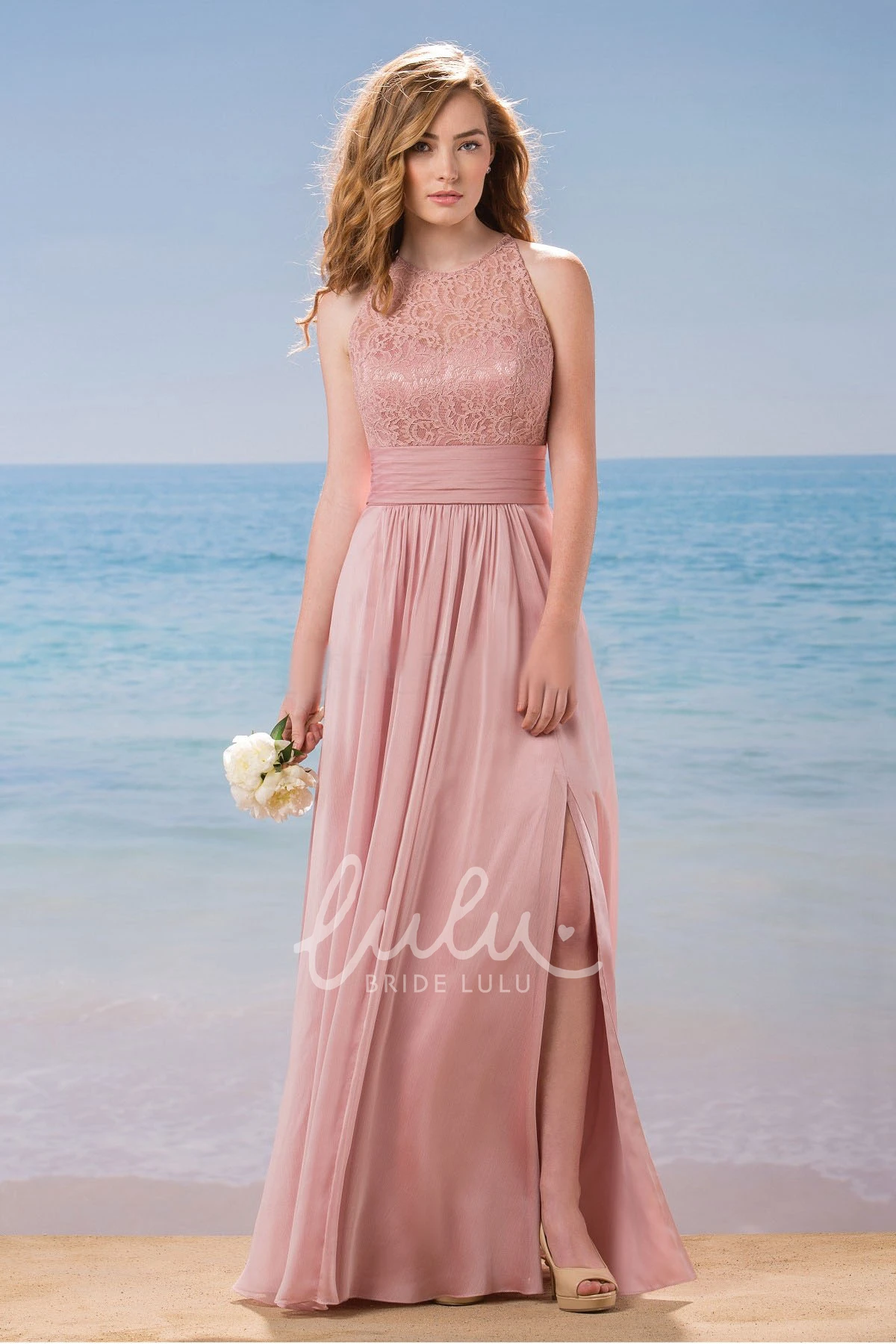High-Neck A-Line Gown with Front Slit and Keyhole Back Keyhole Back High-Neck A-Line Gown with Front Slit