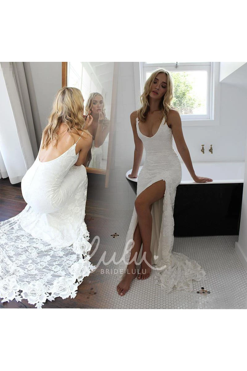 Lace Spaghetti Strap Open Back Sheath Wedding Dress Unique Bridal Gown