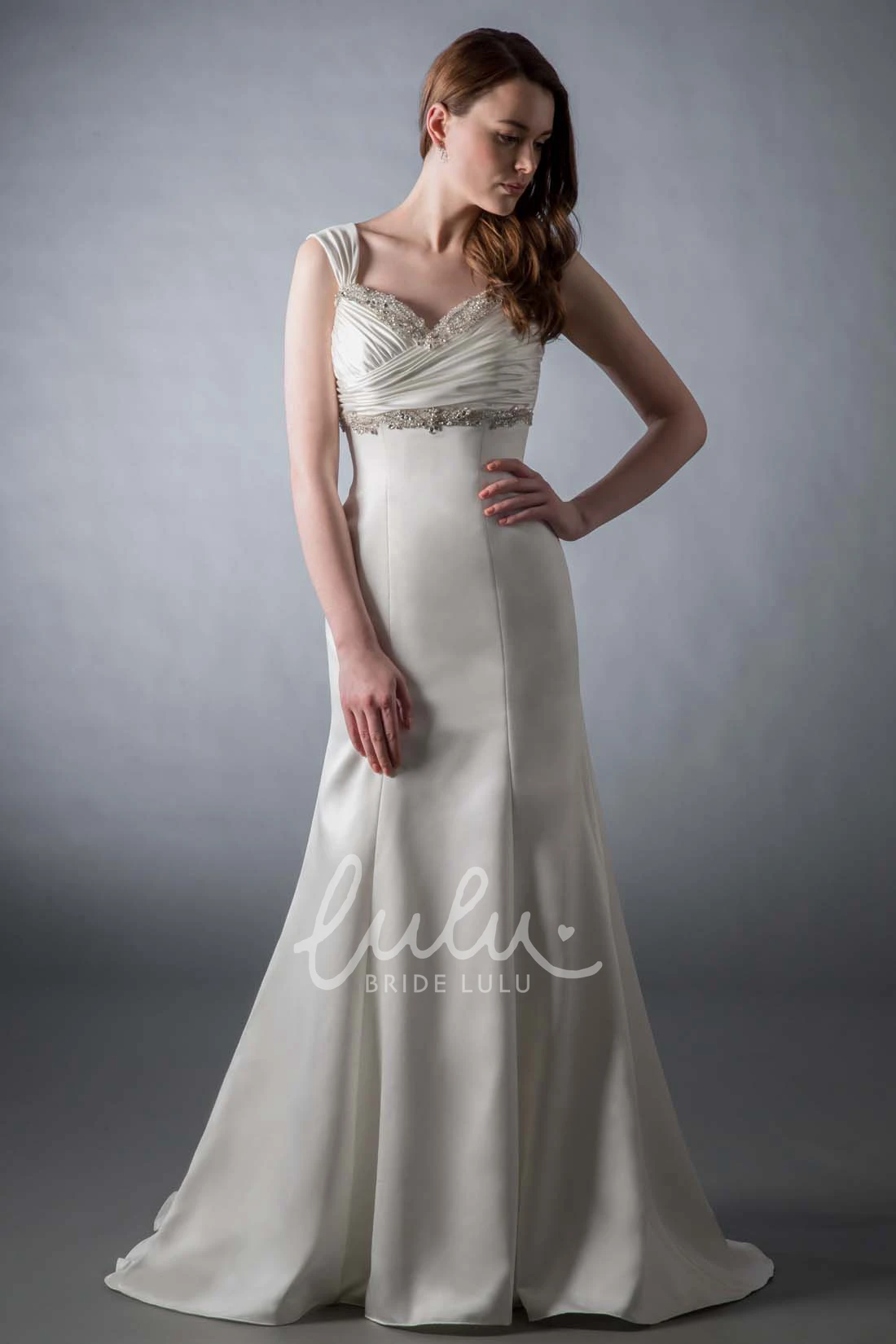 Sheath Satin Wedding Dress Floor-Length Sleeveless Ruched Beading