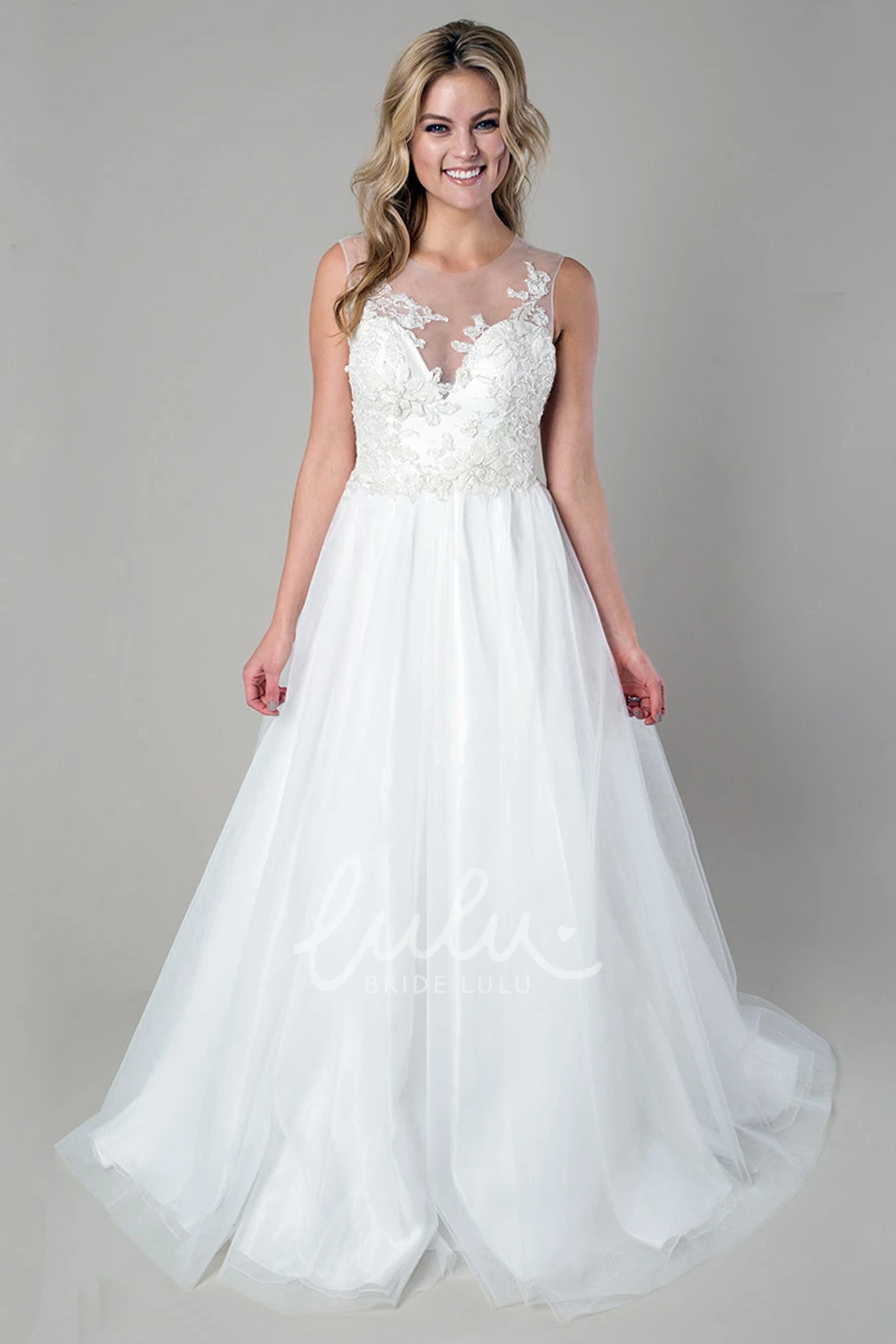 A-Line Appliqued Satin&Tulle Wedding Dress Sleeveless Scoop-Neck Dress Unique
