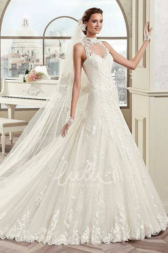 Illusion High-Neck Lace Sheath Wedding Dress with Open Back