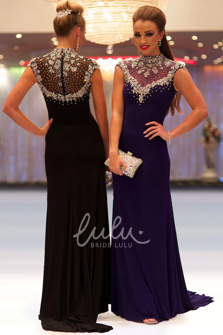 Beaded Jersey Prom Dress Cap-Sleeve High-Neck Sheath Dress for Prom