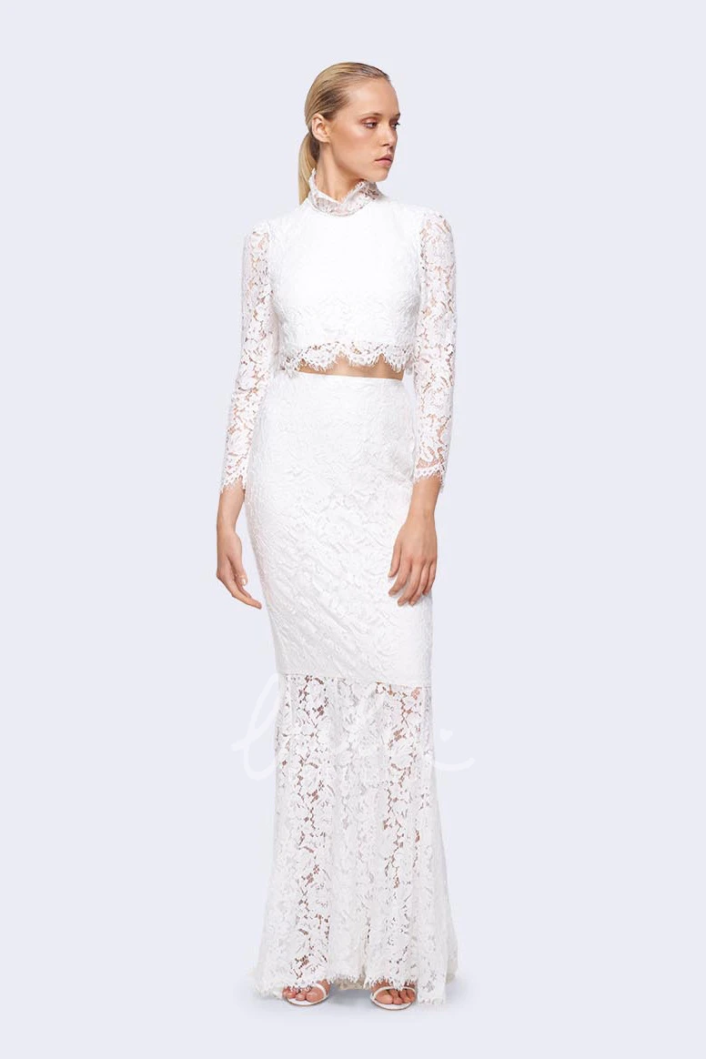 High Neck Sheath Lace Wedding Dress with Long Sleeves in Ankle-Length