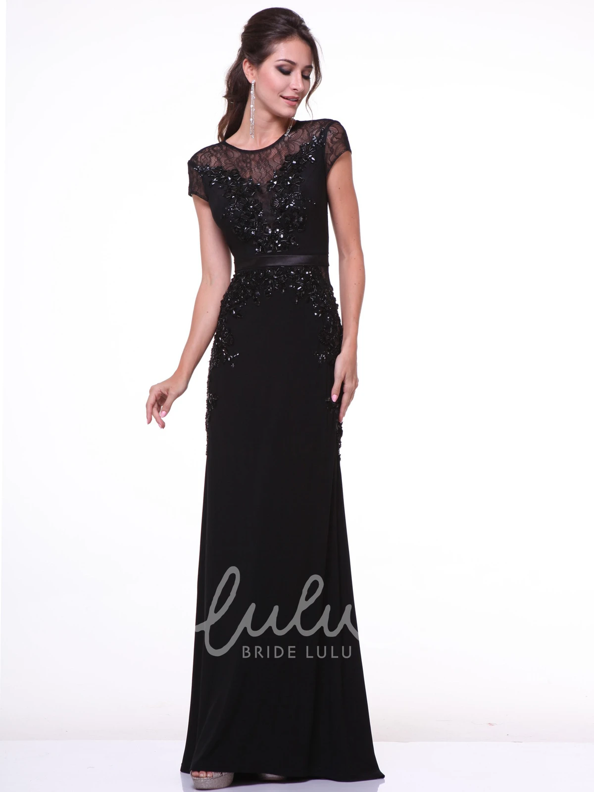 Short Sleeve Scoop-Neck Sheath Prom Dress with Beading and Lace