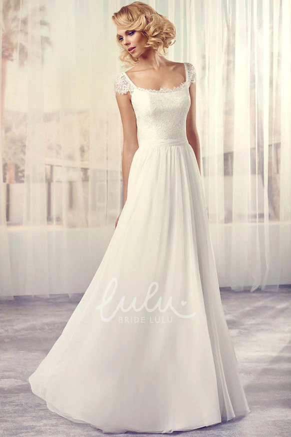 Lace Chiffon Wedding Dress with V-Back and Cap-Sleeves Long Square Style