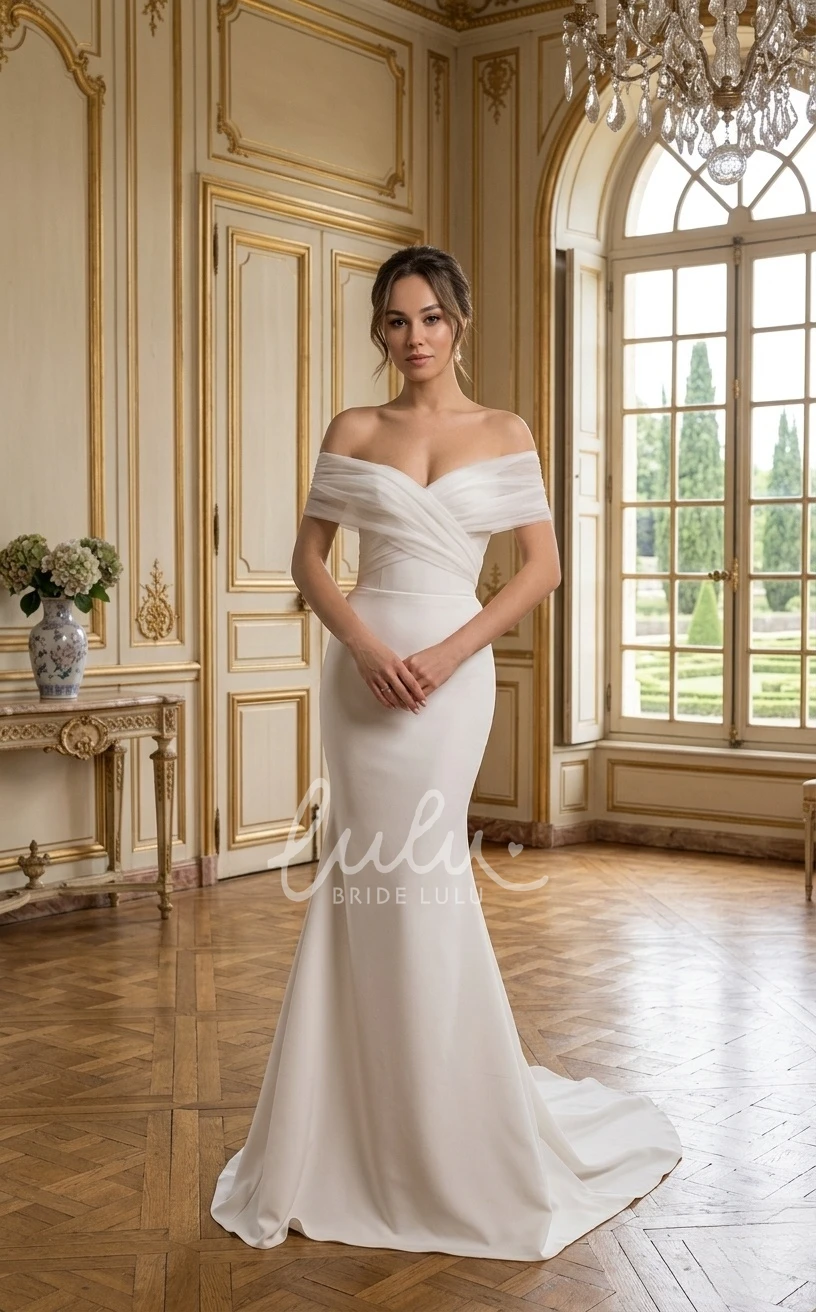 Sexy Elegant Floor-length Mermaid Off-the-shoulder Vow Renewal Spring Wedding Dress with V Back Bows Train