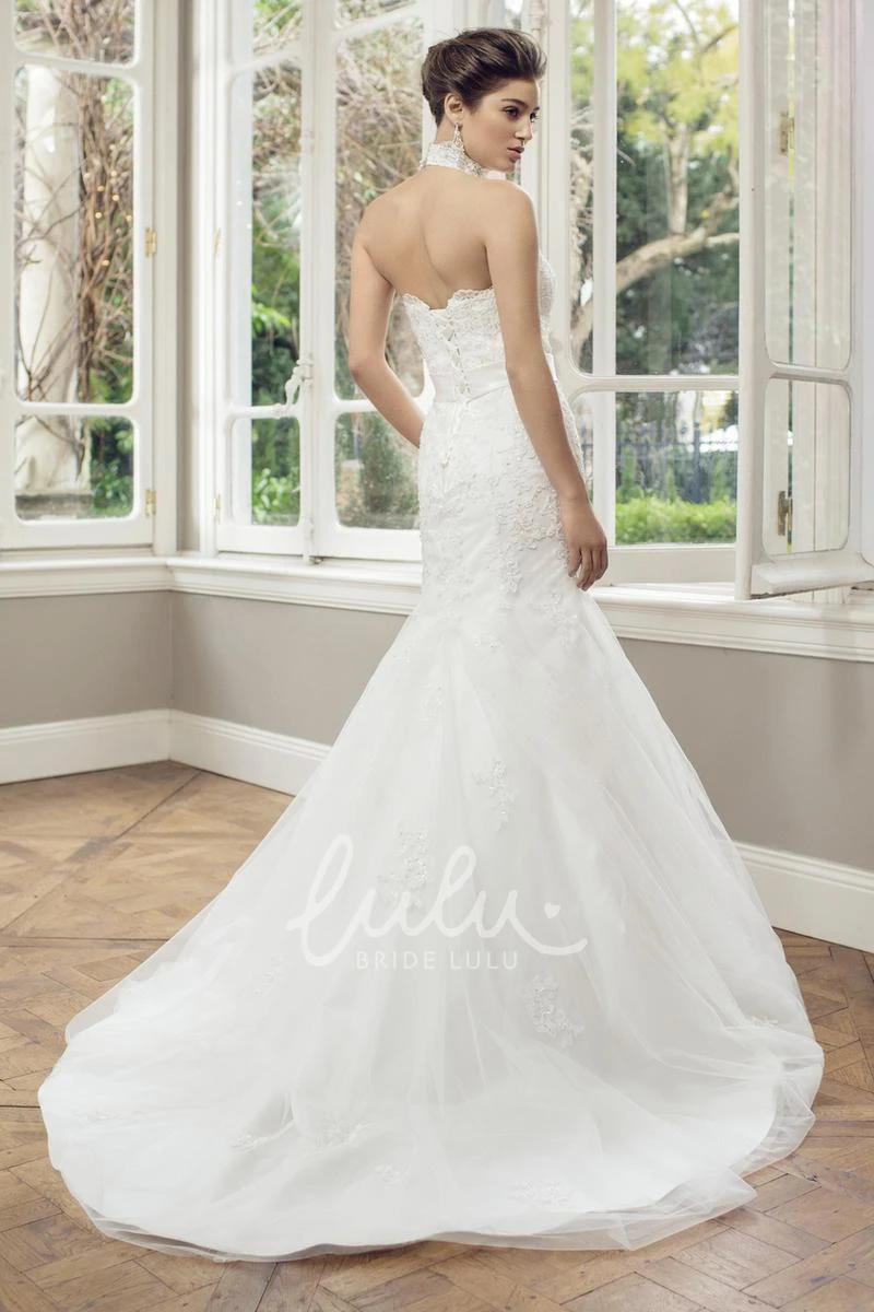 Mermaid Lace and Tulle Wedding Dress with High Neck and Waist Jewelry Floor-Length