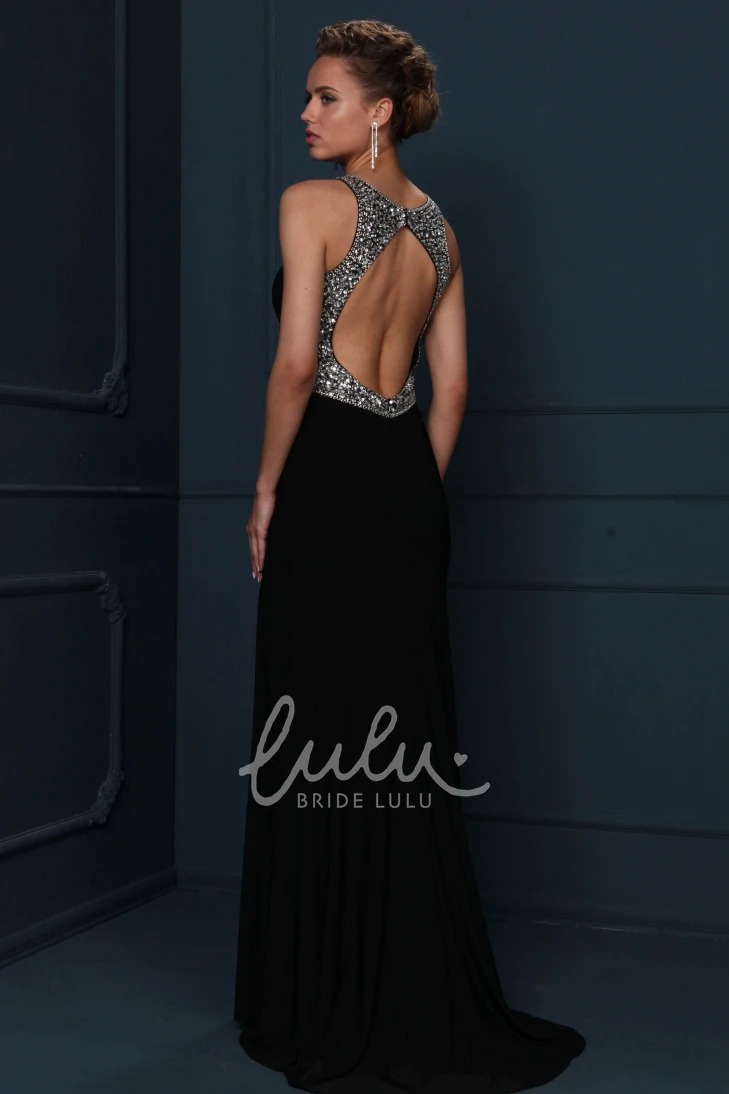 Scoop-Neck Beaded Jersey Evening Dress with Split Front in Sheath Style and Sleeveless