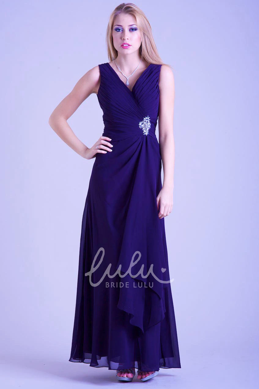 Sleeveless V-Neck Chiffon Prom Dress with Draping and Ruching A-Line Ankle-Length Dress