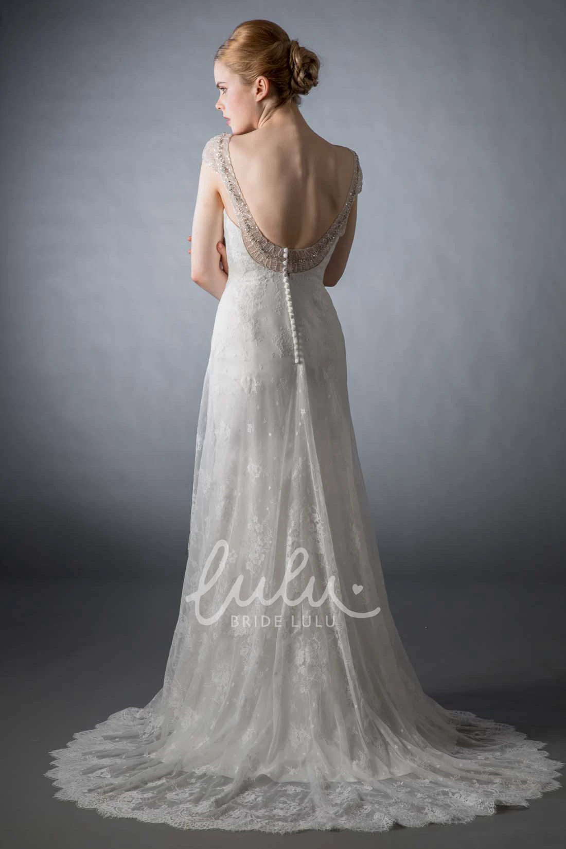 Lace Appliqued A-Line Wedding Dress with Cap-Sleeves and Deep-V Back
