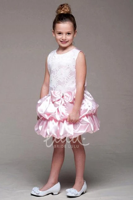 Knee-Length Satin Flower Girl Dress with Bowed Lace Tiers and Sash Classy Bridesmaid Dress